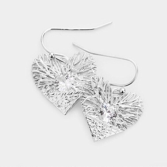 Heart-Shaped Textured Silver Earrings With Crystal Accents‎ - Picture 8 of 8